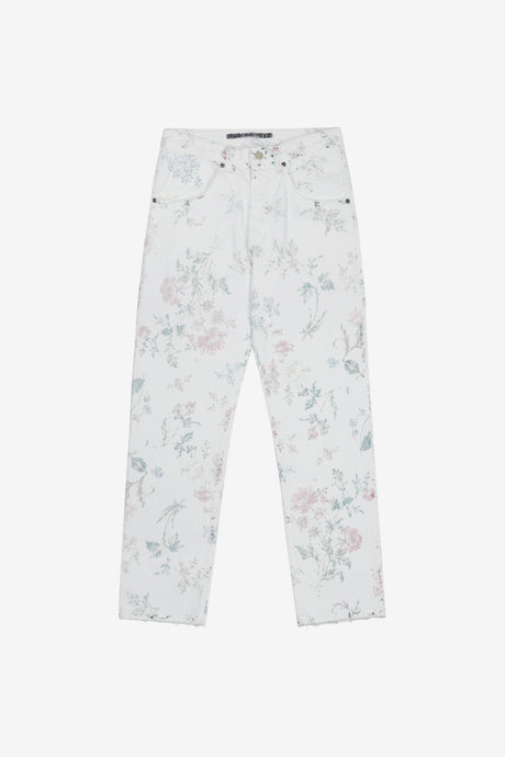 DISTRESSED PRINTED DENIM PANTS