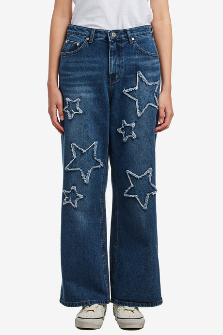 FRAYED STAR PATCHED JEANS