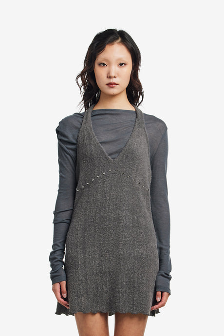 FURRY STUDDED HALTER DRESS