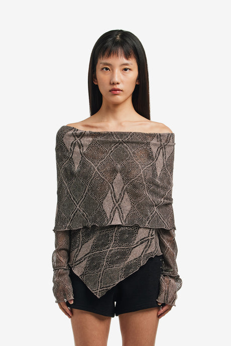 ARGYLE LACE OFF-SHOULDER SWEATER