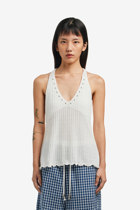 STUDDED CABLE HALTER TOP