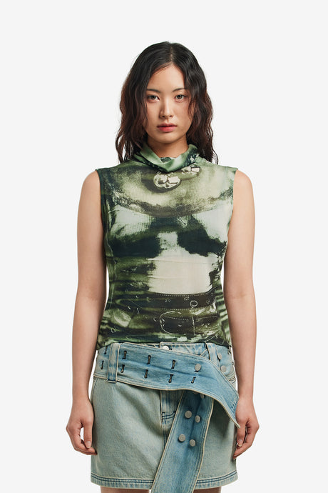 PRINT MESH SLEEVELESS TOP