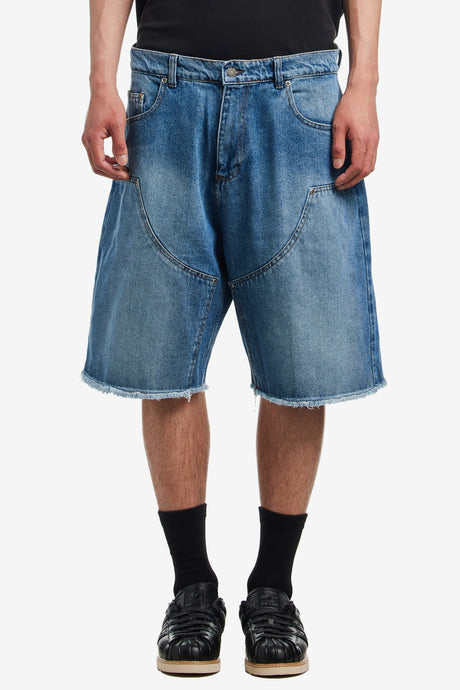 SUN DYED DOUBLE KNEE BAGGY DENIM SHORTS
