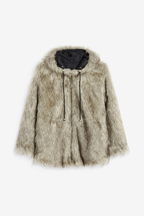 REVERSIBLE FAUX FUR HOOD JACKET