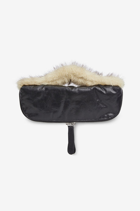 OIL SKIN MINI CLUTCH w. FURRY HANDLE