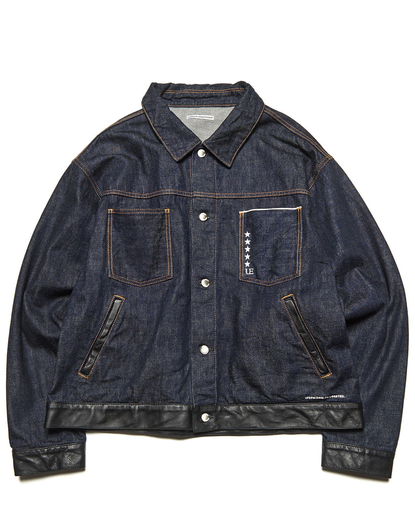 LEATHER ASSEMBLED DENIM TRUCKER JACKET | WORKSOUT WORLDWIDE