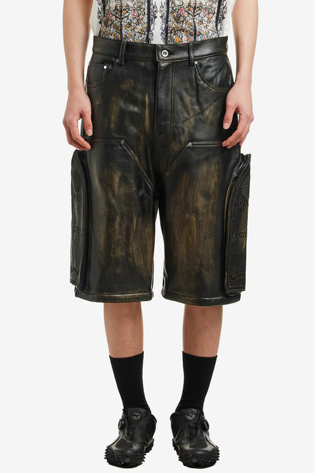 SIDE EMBROIDERY MID LENGTH LEATHER SHORT