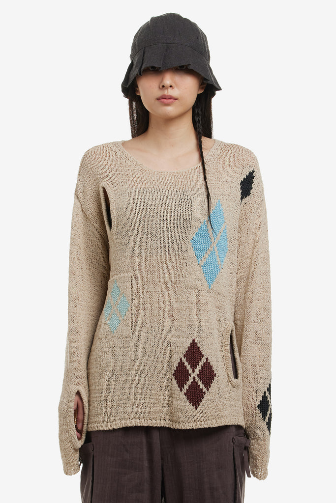ARGYLE CUT-OUT KNIT PULLOVER - WORKSOUT WORLDWIDE