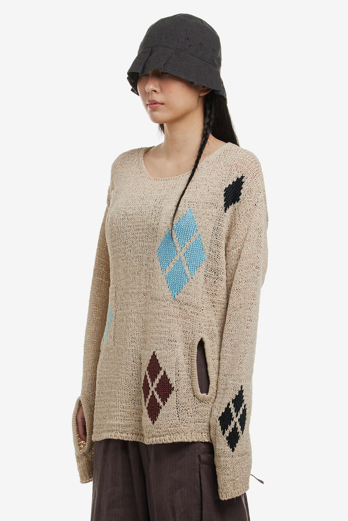 ARGYLE CUT-OUT KNIT PULLOVER - WORKSOUT WORLDWIDE